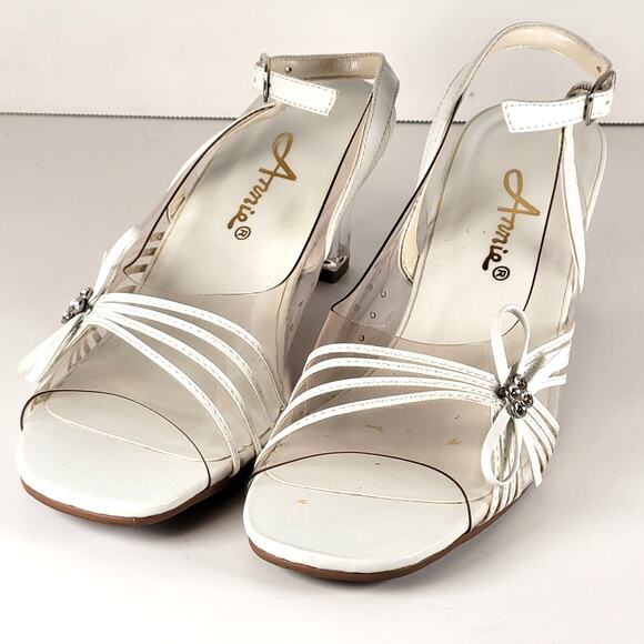 Annie White Slingback Sandals 6M Open Toe Clear Heel Strappy Bow Rhinestones - Picture 7 of 16